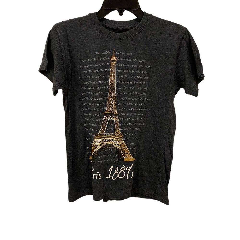 Paris 1889 Eiffel Tower Graphic T-Shirt Charcoal Gray Metallic Gold Large L
